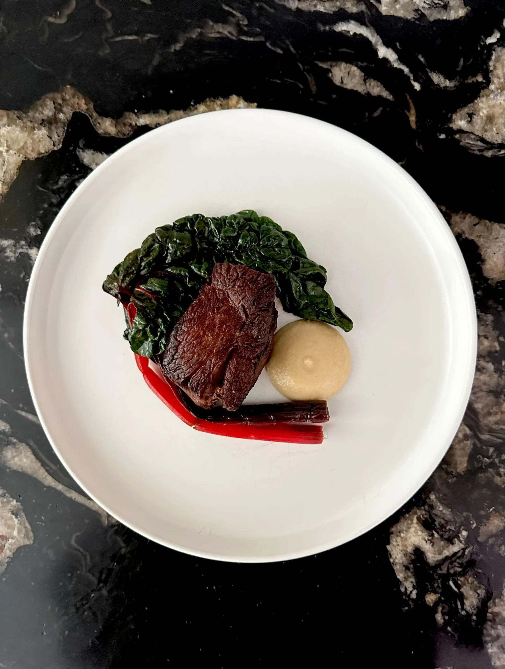 Seared beef with greens and puree